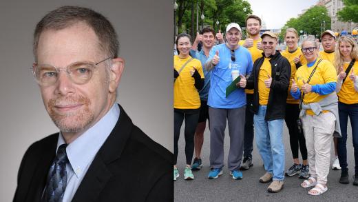 Headshot of Mark Gilbert next to a group photo from the Race for Hope DC with Dr. Gilbert smiling in the center