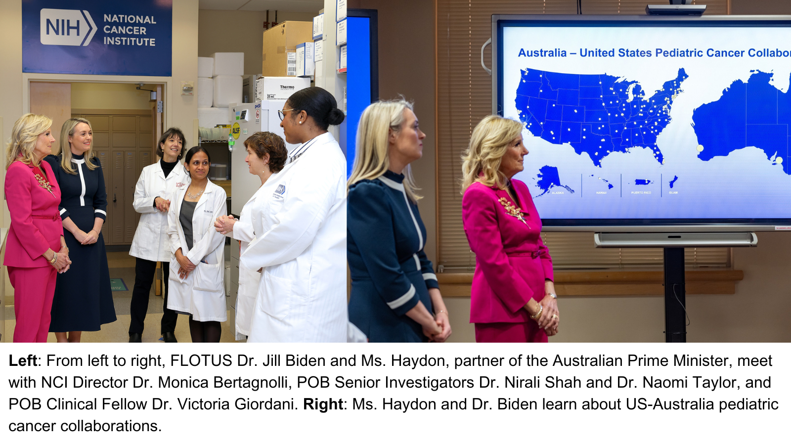 Dr. Jill Biden (right) and Ms. Haydon (left) visit the NIH Clinical Center.
