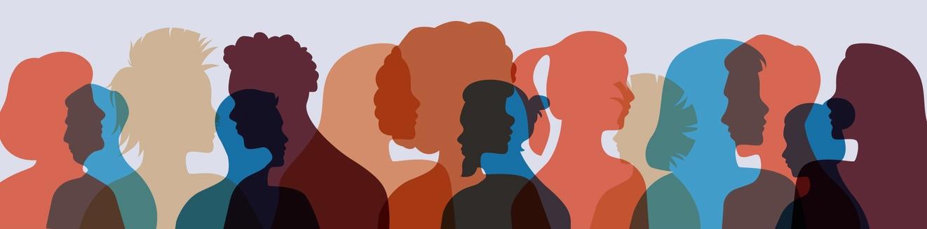 Silhouettes of diverse people looking both left and right in different colors 
