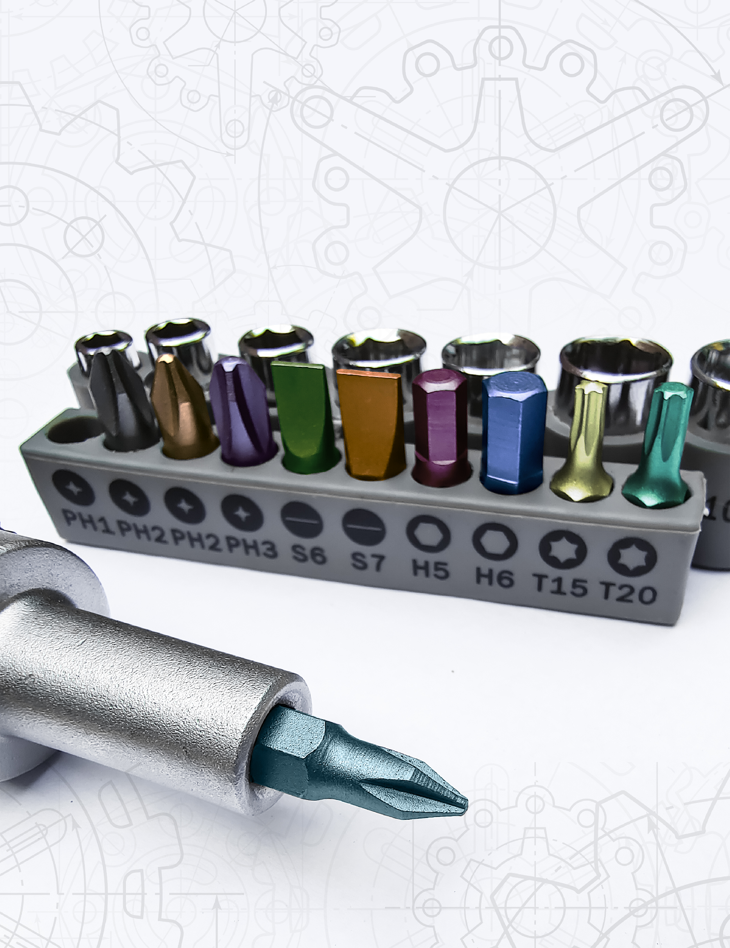 A screwdriver with a variety of screwdriver heads in different sizes and shapes.