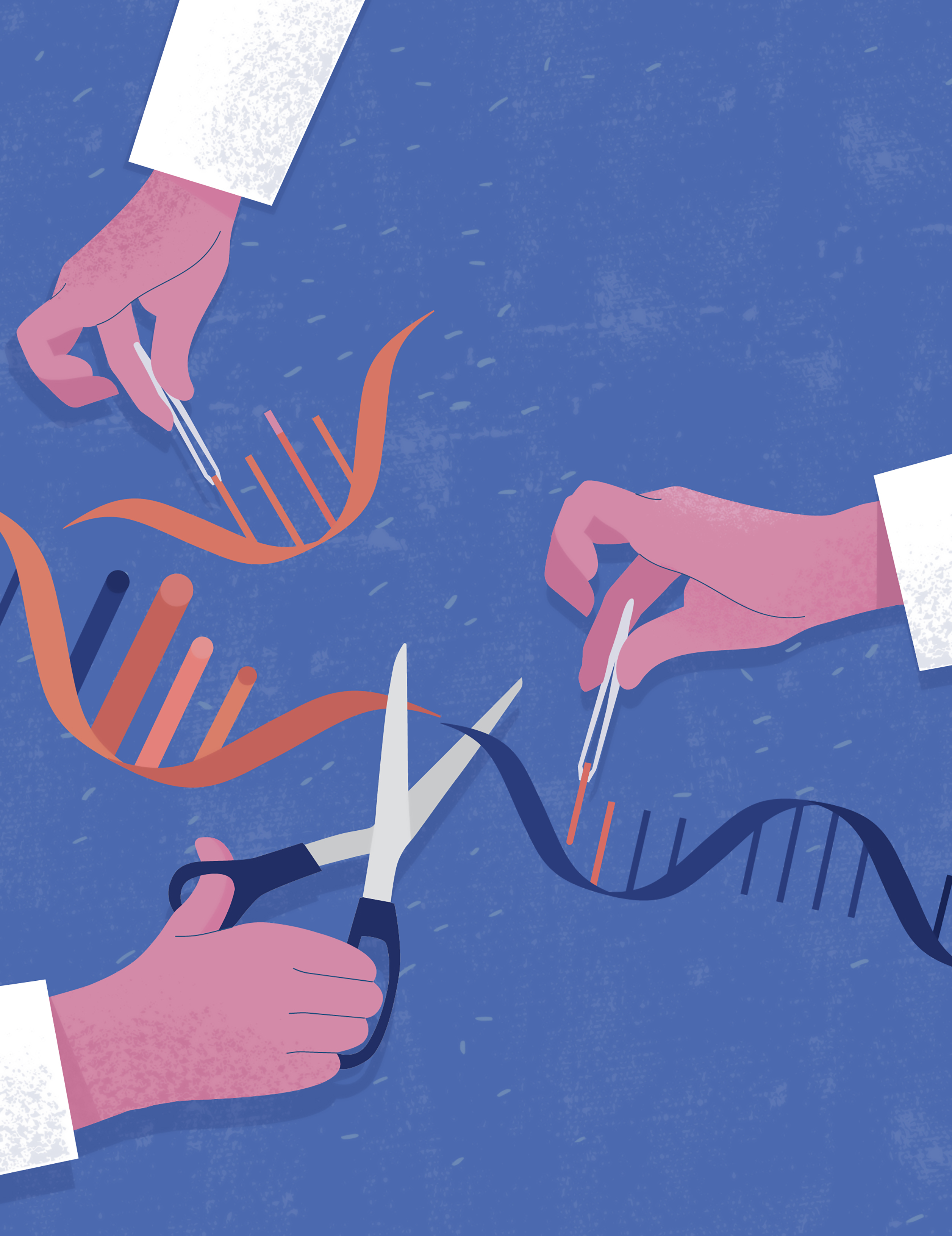 A graphic representing hands using scissors and tweezers to snip and edit RNA demonstrates the process of RNA splicing.
