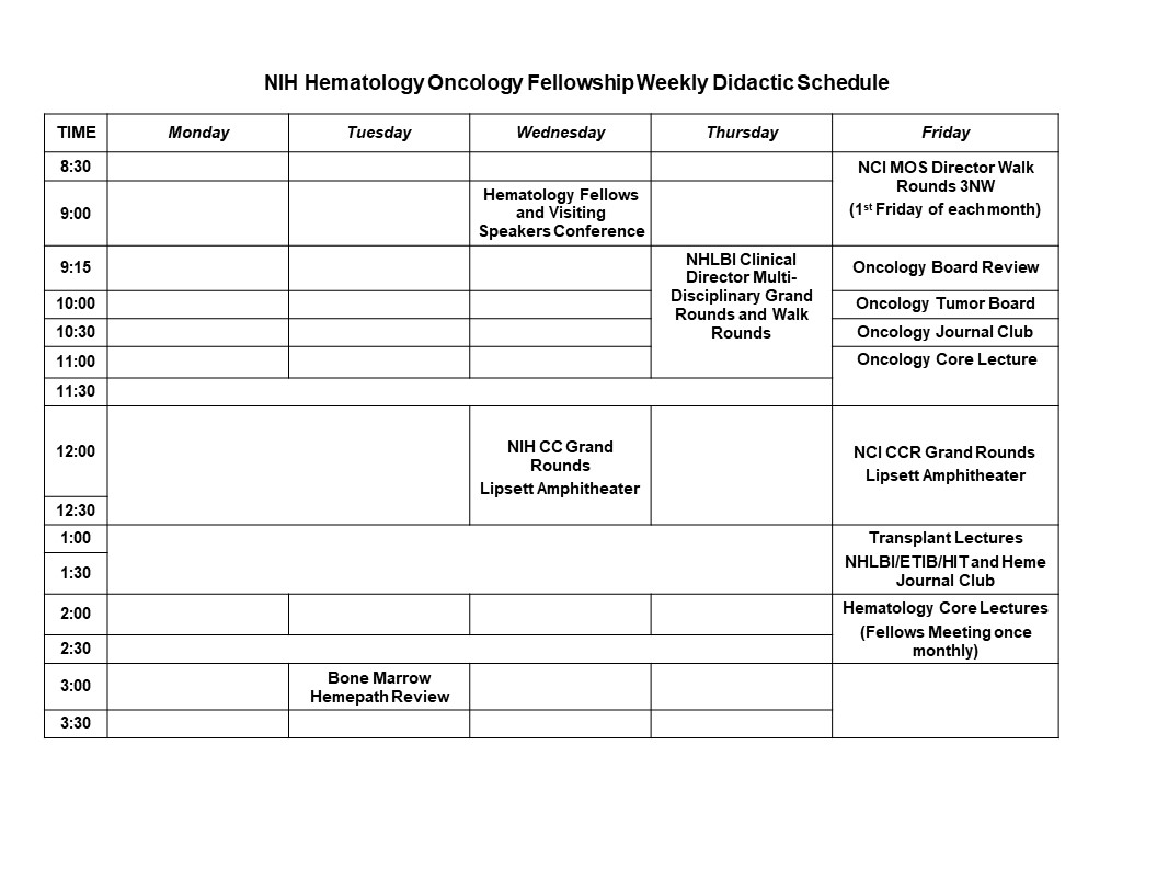 NIH Hematology Oncology Fellowship Weekly Didactic Schedule