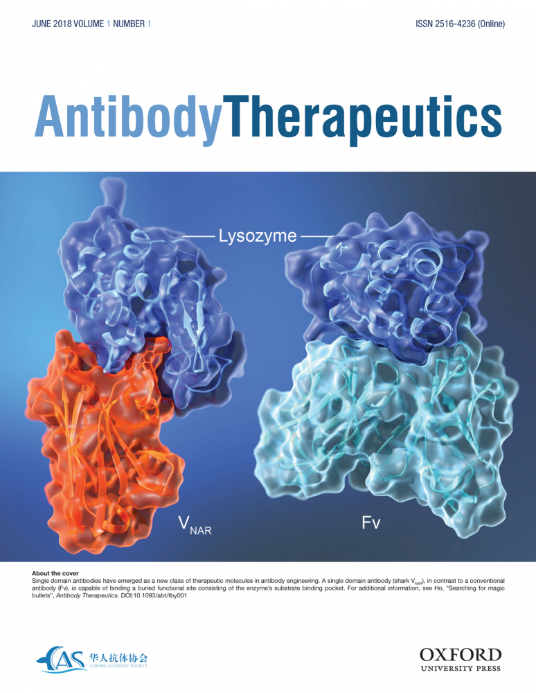 Antibody Therapeutics cover: single domain antibody (shark VNAR) versus conventional antibody (Fv)