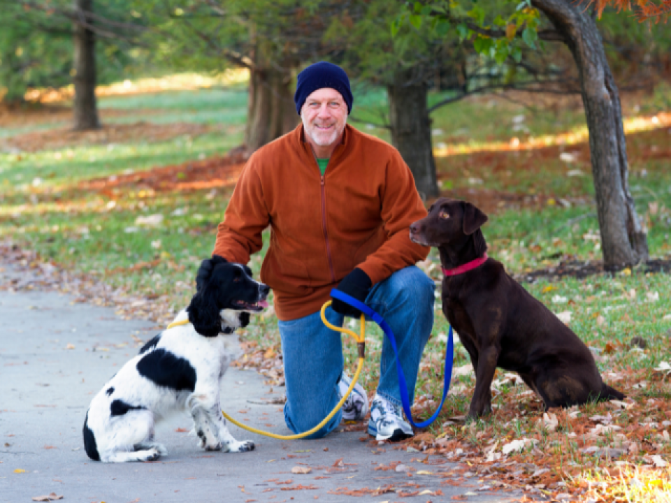 man with two pet dogs