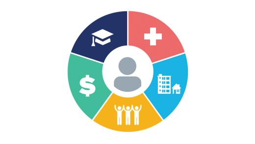 A circle showing the five different domains that social determinants of health encompass: Education Access and Quality (graduation cap icon), Health Care Access and Quality (hospital cross icon), Neighborhood and Build Environment (house icons), Social and Community Context (people icons), and Economic Stability (dollar sign icon)