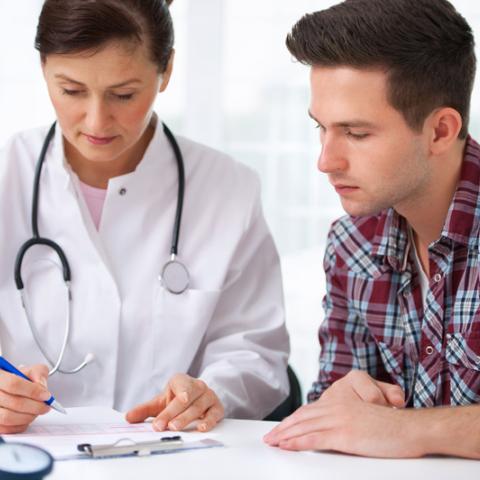 Canva image of female doctor with male patient