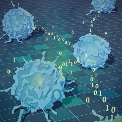 An illustration of immune cells with zeroes and ones, representing CIDE, a new, large-scale immuno-oncology data platform.