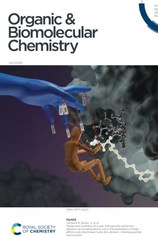Blue hand working puppet of man on strings with molecules behind