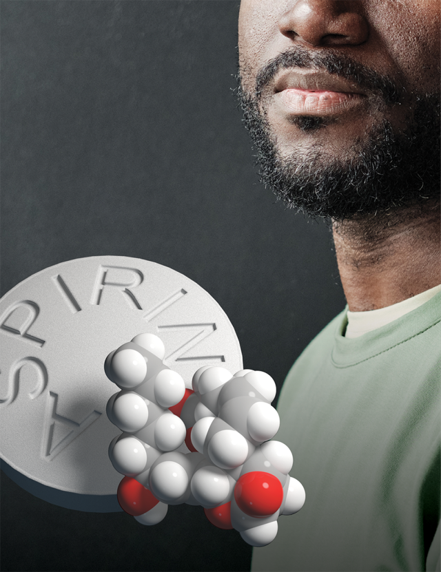 A New Application for an Old Medicine - African American man standing behind an aspirin pill and molecule