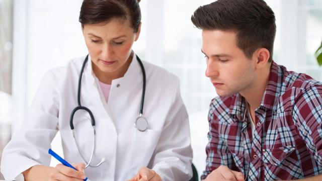 Canva image of female doctor with male patient