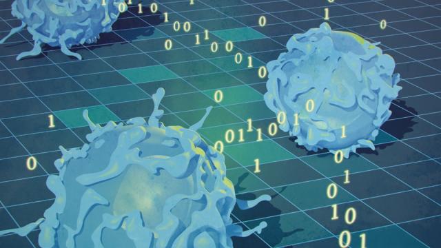 An illustration of immune cells with zeroes and ones, representing CIDE, a new, large-scale immuno-oncology data platform. 