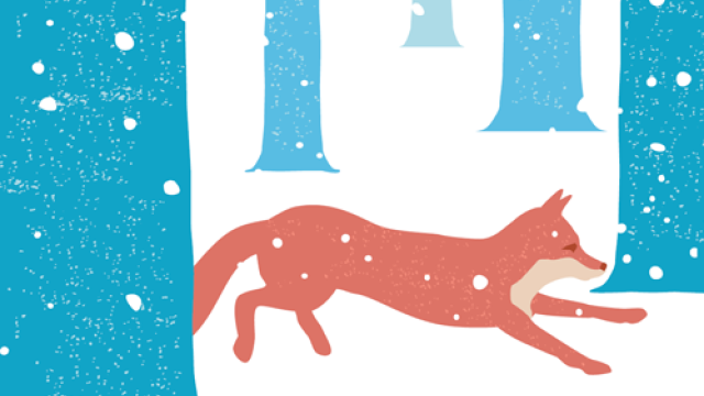 illustration depicting a fox running through a snowy forest