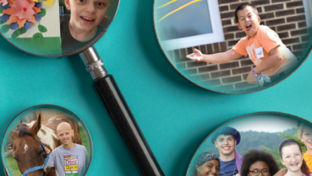 Deciphering DNA Clues - Multiple images of kids at Camp Fantastic, a summer camp for kids with cancer supported by NCI