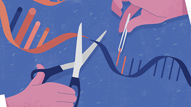 Illustration of hands holding scissors and tweezers to splice RNA.