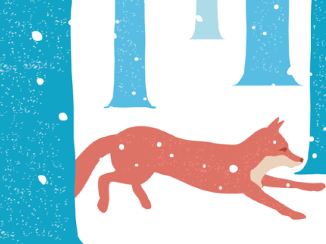 illustration depicting a fox running through a snowy forest