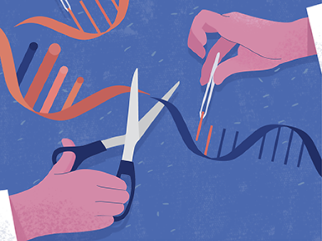 Illustration of hands holding scissors and tweezers to splice RNA.