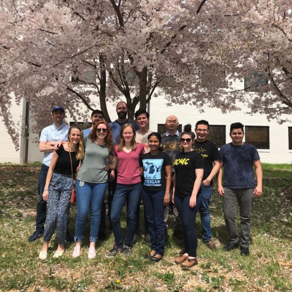 Meier lab group standing in front of cherry blossoms