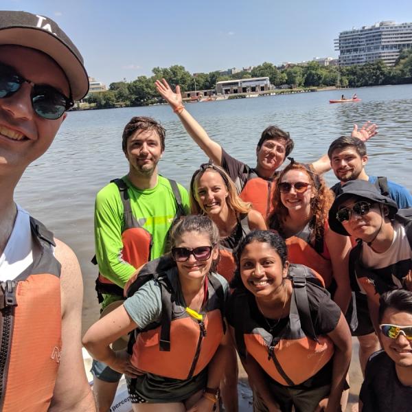 Meier lab group kayaking the Potomac river in DC.