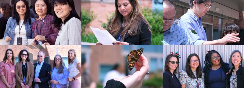 Six images of NIH neuro-oncology professionals smiling outside and holding butterflies