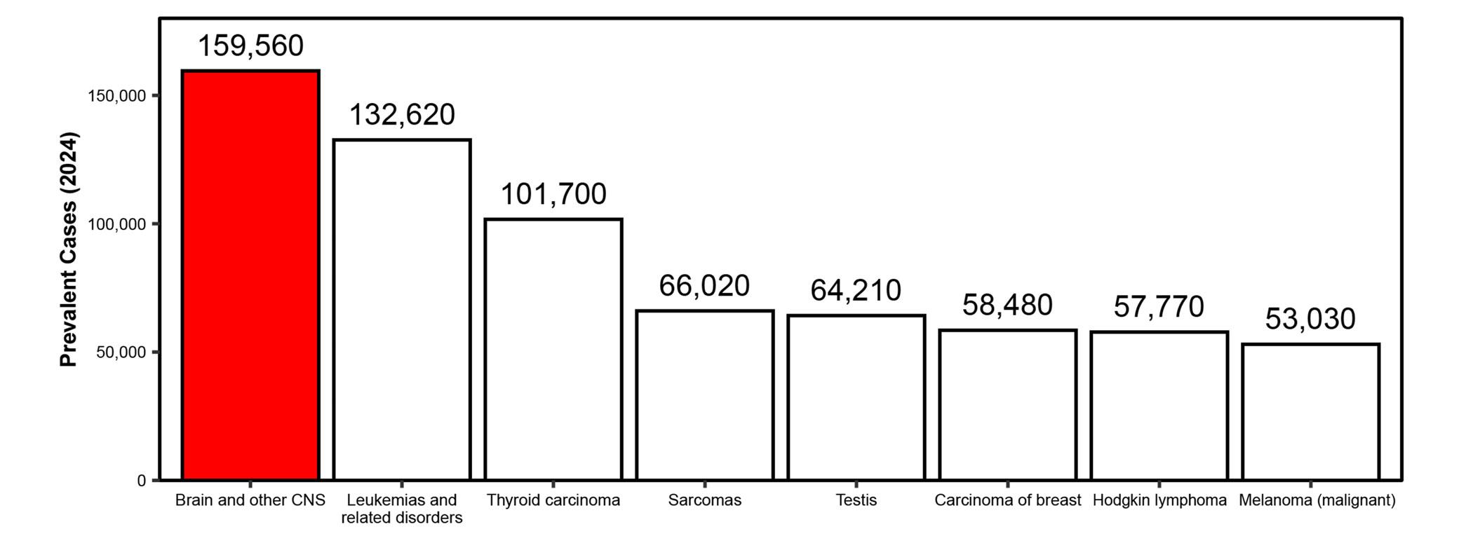 Bar graph showing estimated prevalence of the eight most common cancer types in children and adolescents in the United States during 2024. Brain and other CNS tumors are estimated to be the highest, with 159,560 cases.