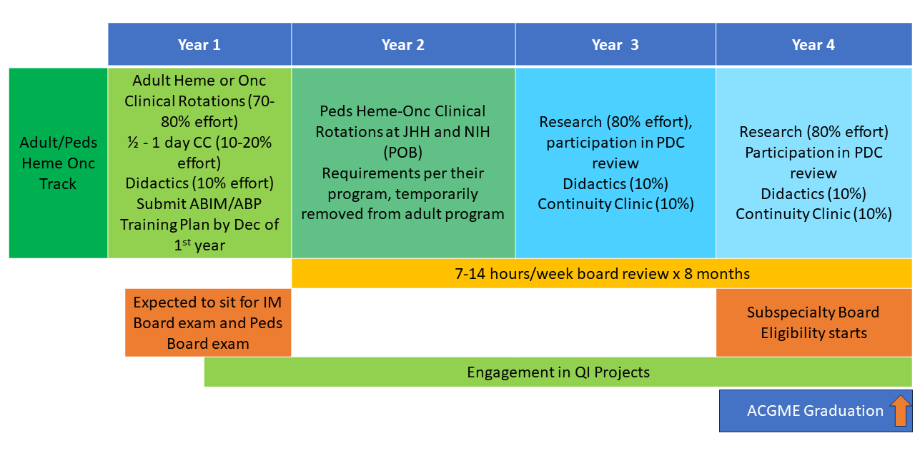 Schematic showing the program structure for fellows who single board in hematology or oncology and elect to study pediatric hematology and/or oncology as well.