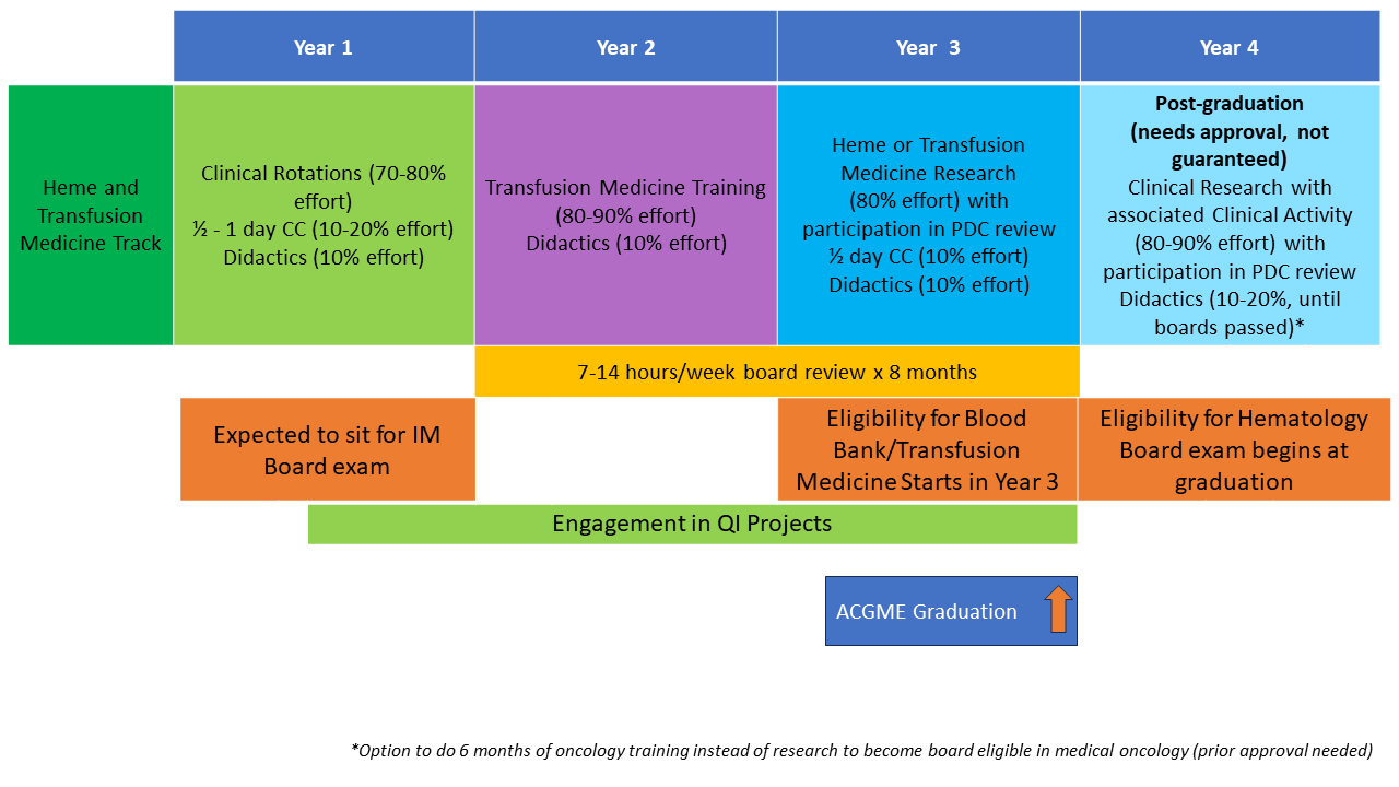 Schematic showing the program structure for fellows who single board in hematology or oncology in our new transfusion medicine track.