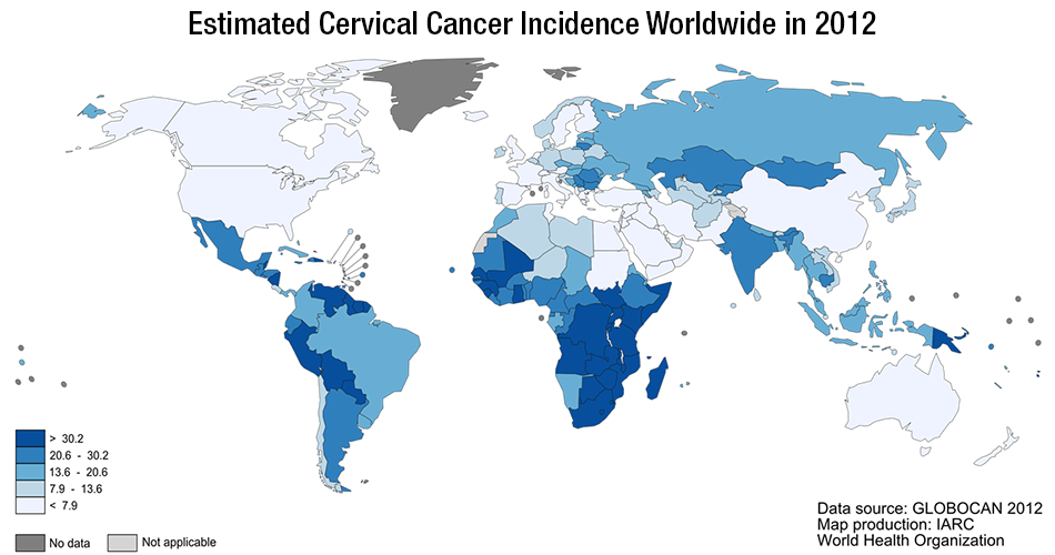 Estimated Cervical Cancer Incidence Worldwide in 2012 with map